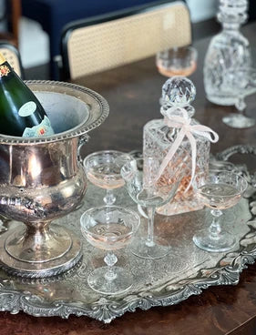 vintage champagne bucket, vintage champagne coupes, etched glassware, vintage decanter, House of modern vintage, New Orleans home decor