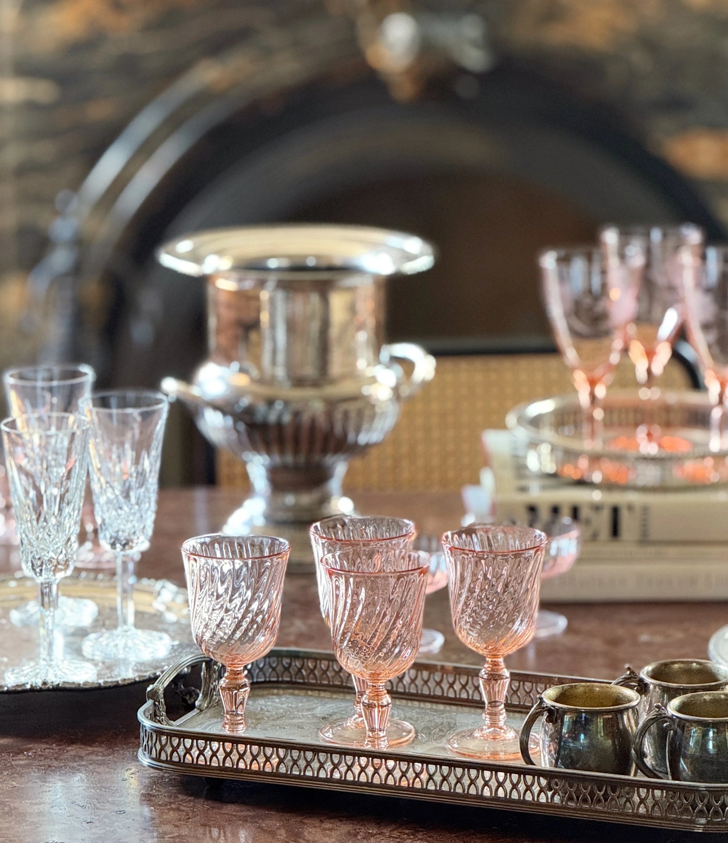 vintage cocktail glasses, pink depression glasses, wine gasses and vintage champagne bucket styled by House of Modern Vintage