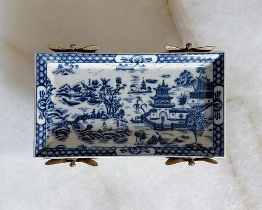 Blue & White Porcelain Tray with Bronze Dragonfly Feet