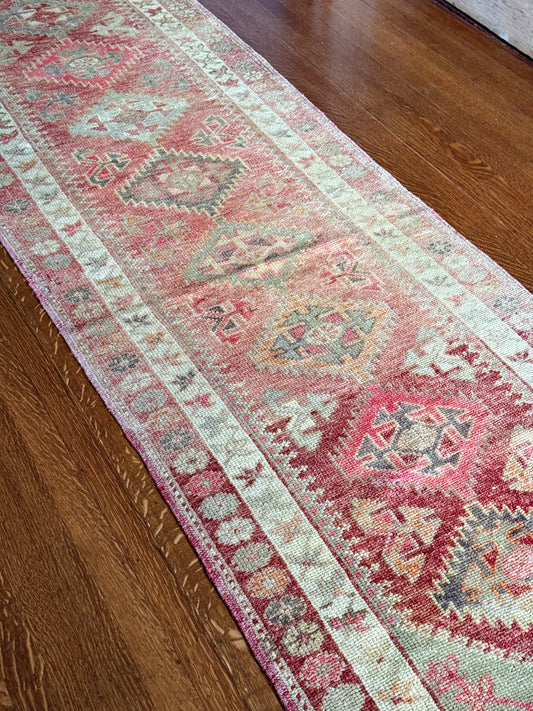 Vintage Turkish Runner Rug | Dusty Rose & Cream Hallway Runner | 2.7' x 11.6'