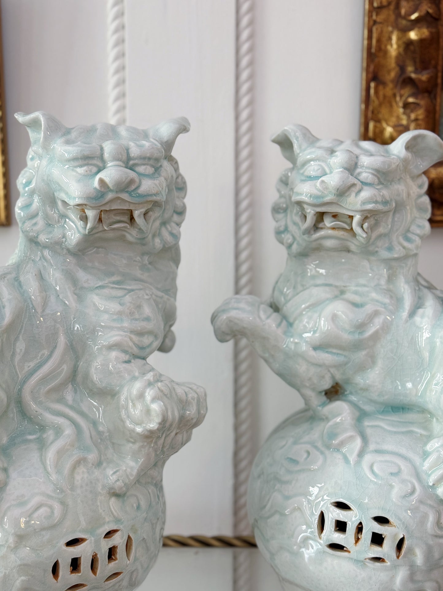 Large Celadon Porcelain Foo Dogs | Pair