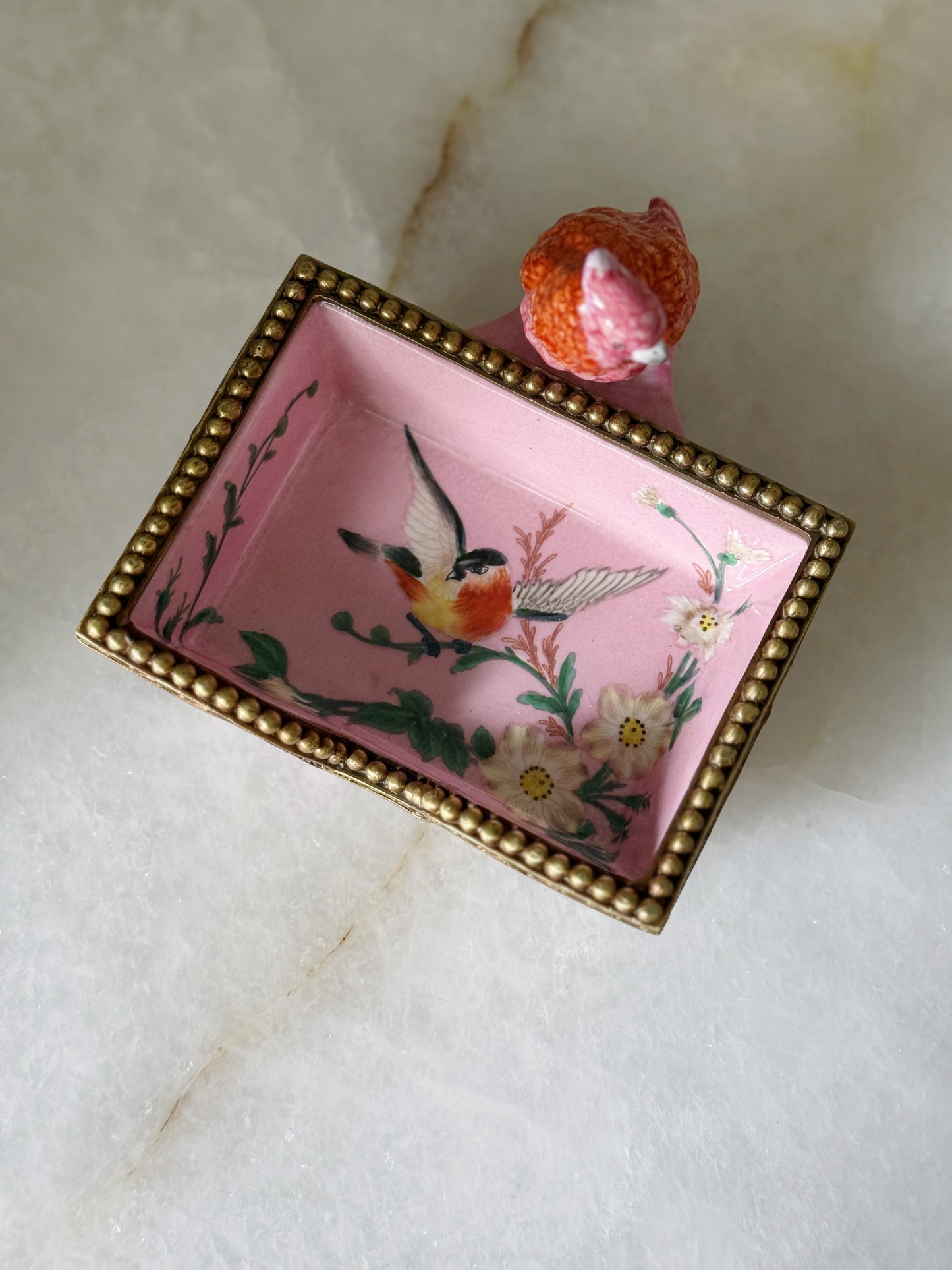 Hand Painted Pink Bird Dish with Bronze Ormolu