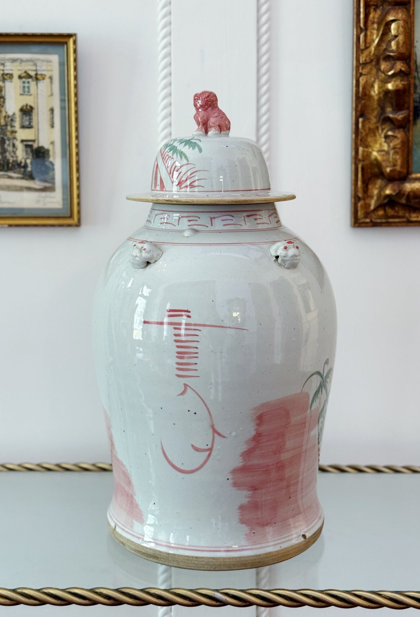 Pink & Green Porcelain Three Friends Temple Jar