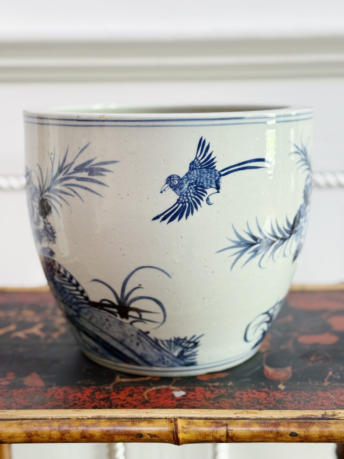 Blue & White Peony & Bird Porcelain Planter