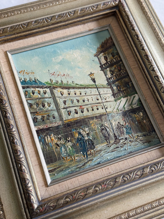 Vintage Framed Oil Painting – Impressionist Street Scene