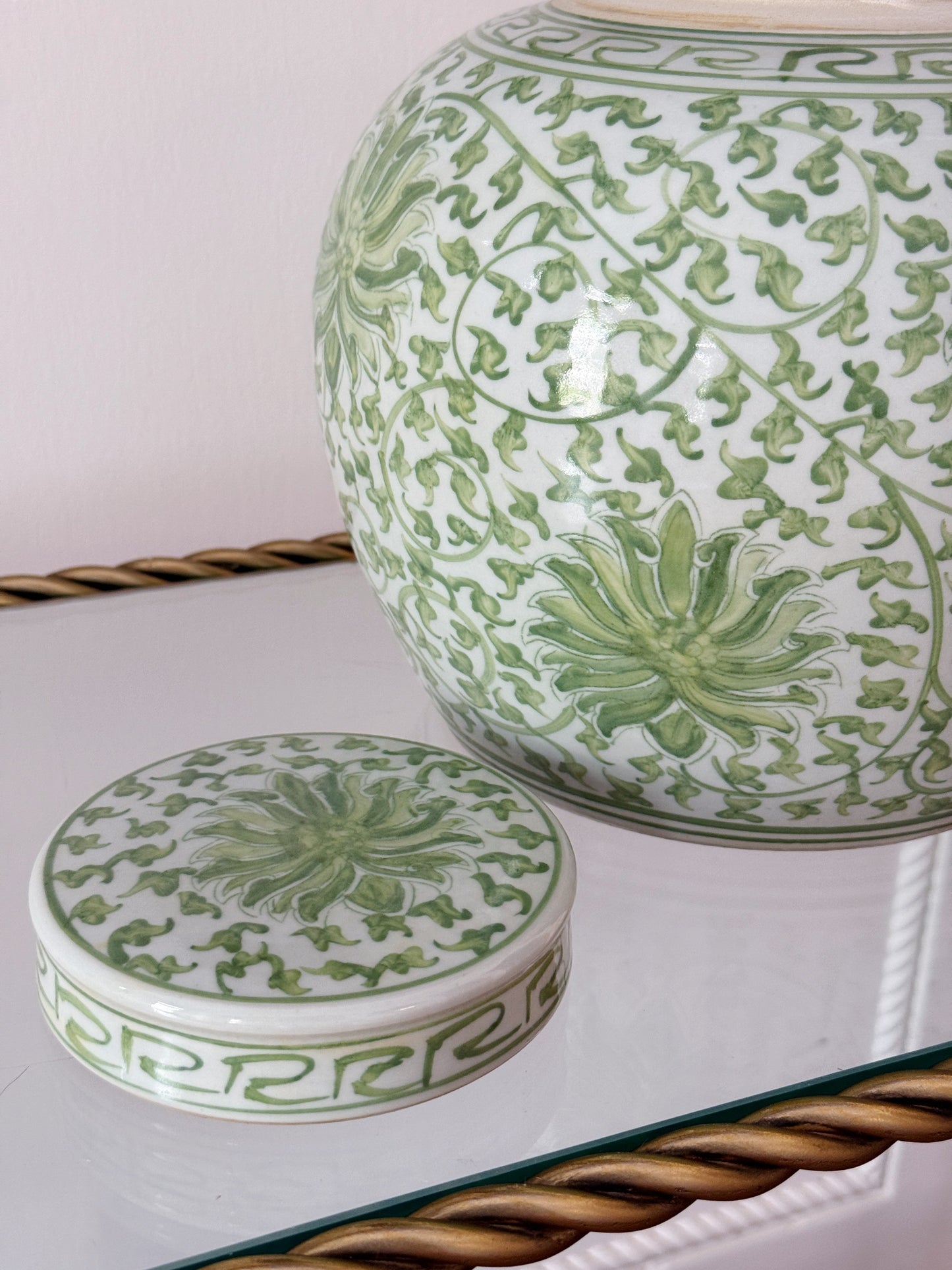 Green & White Scrolling Lotus Ginger Jar