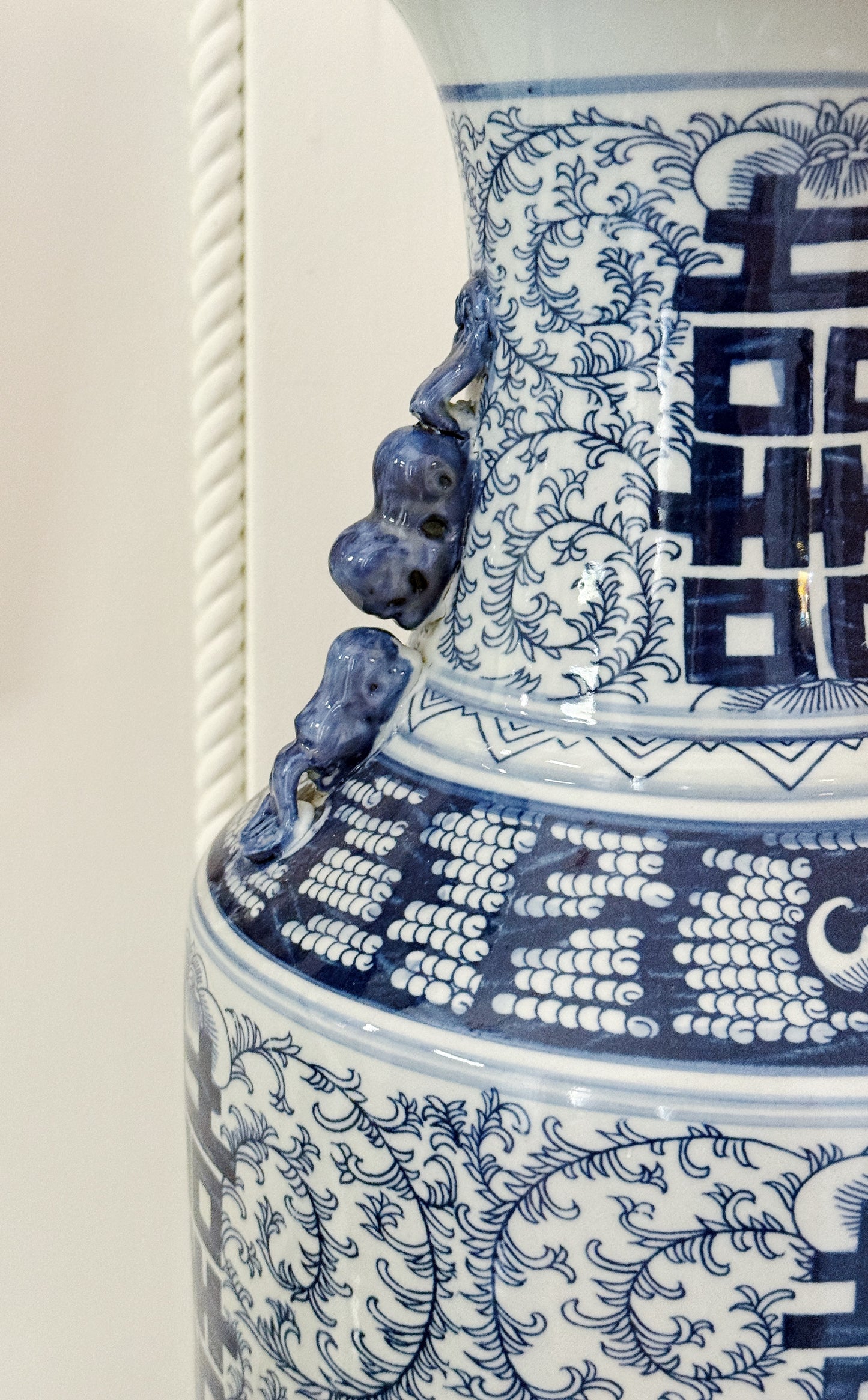 Large Blue & White Chinoiserie Double Happiness Vase