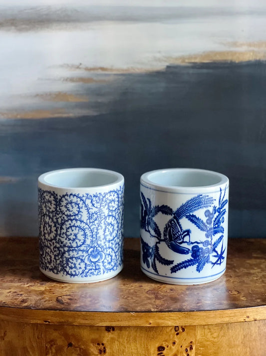 blue and white scrolling peony orchid pot and bird motif orchid pot