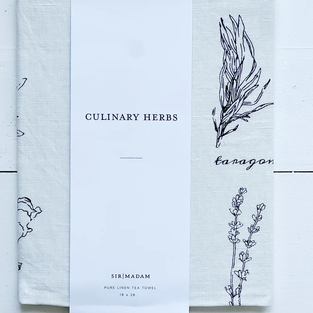 culinary herbs linen tea towel