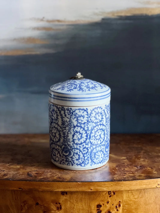blue and white scrolling peony tea jar
