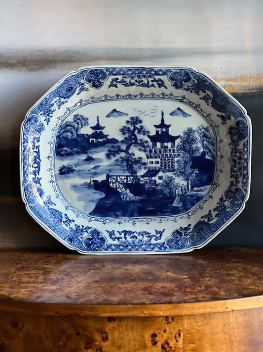 blue and white willow ware platter