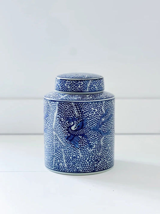 blue and white small koi fish ginger jar