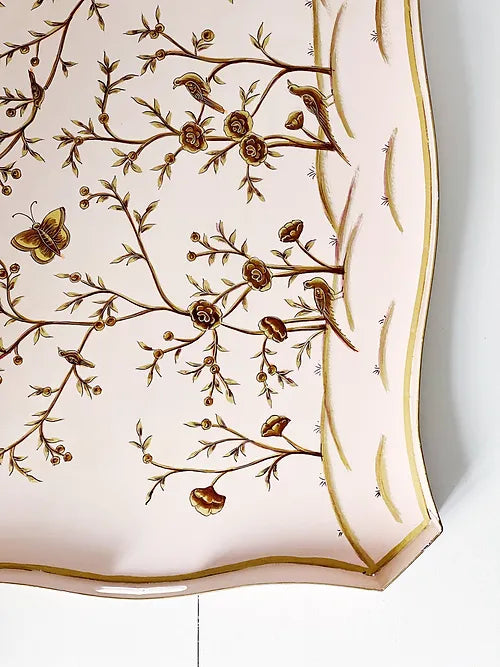 hand painted detail on pink and gold tole butler tray table 