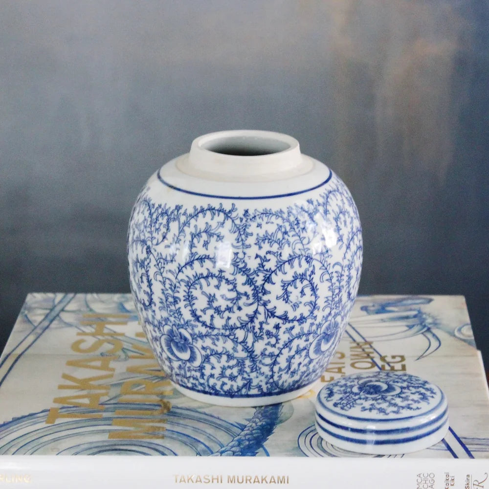 blue and white scrolling peony tea jar