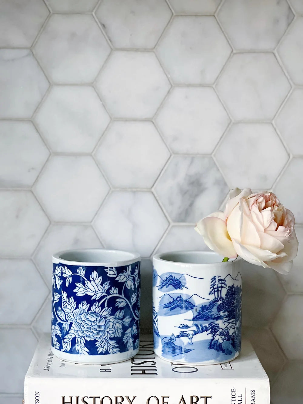 blue and white orchid pots with pink rose