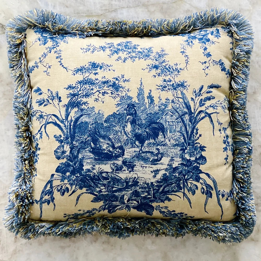 vintage custom toile pillow in blue 