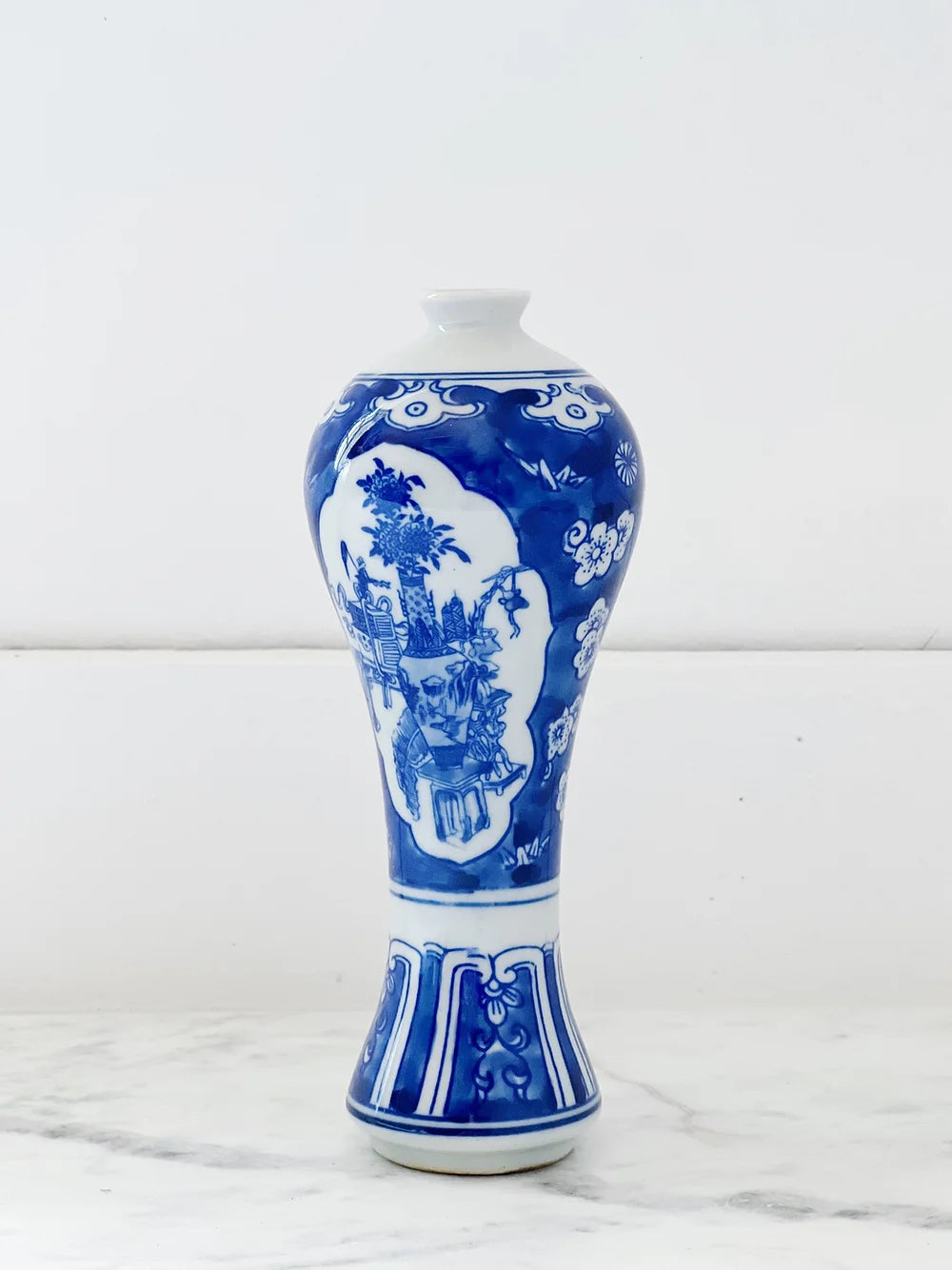 blue and white bud vase, chinoiserie