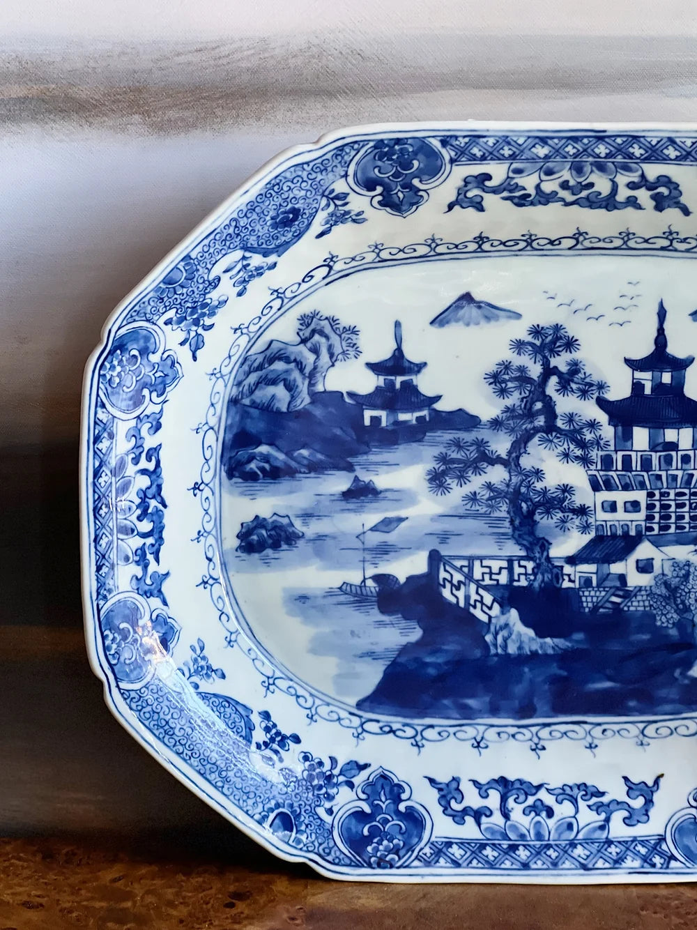 blue and white willow ware platter 