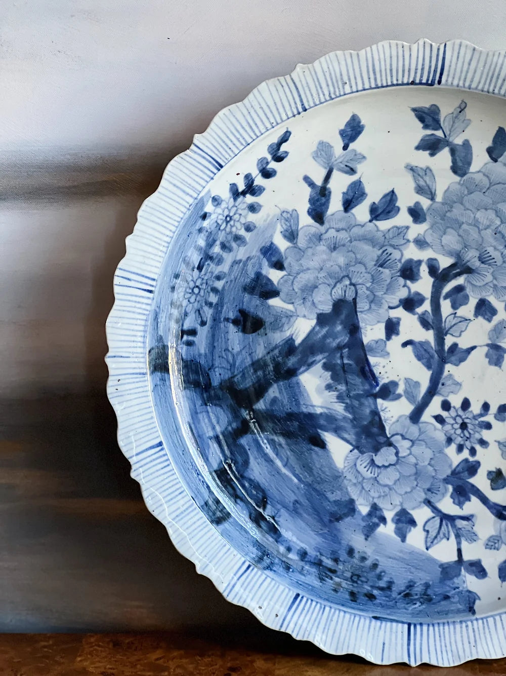 close up of blue and white porcelain platter