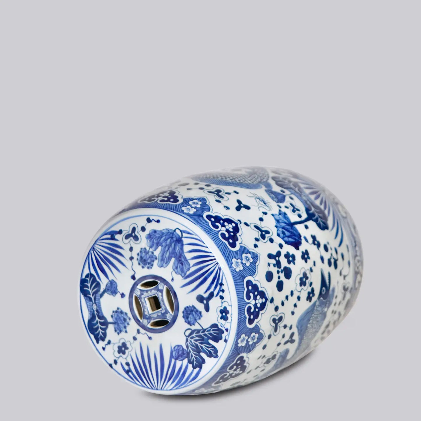 blue and white lotus and fish garden stool