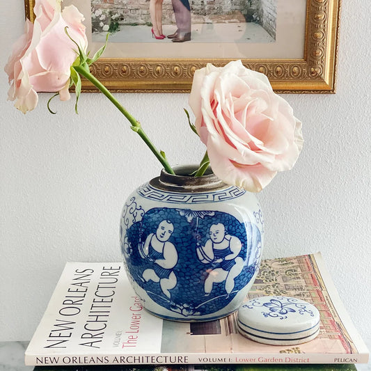 blue and white ginger jar with pink roses