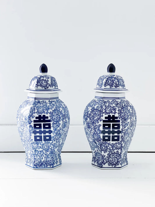blue and white double happiness ginger jars