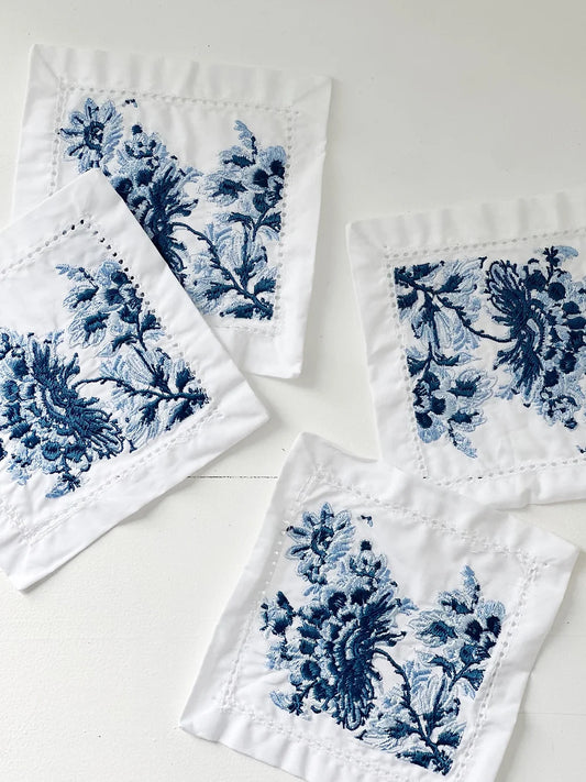 blue and white embroidered cocktail napkins