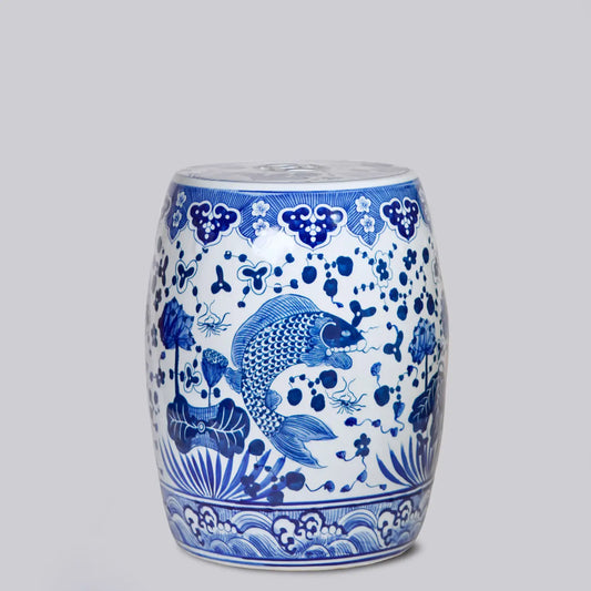 blue and white lotus and floral garden stool