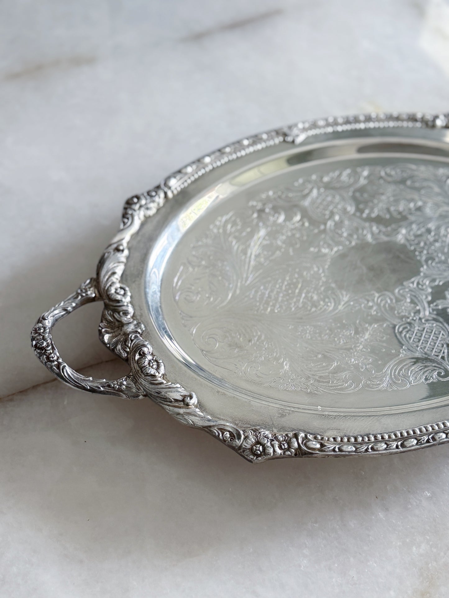 Vintage Large Silver Embossed Footed Serving Tray