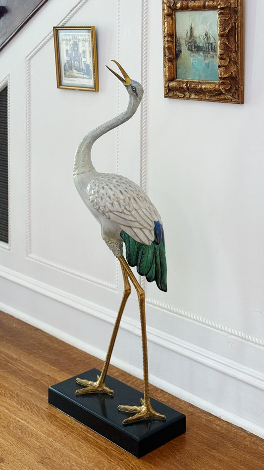 Tall Hand-Painted Porcelain Crane with Bronze Ormolu Base