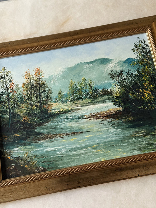 Vintage Framed Oil Painting - Mountain River Landscape