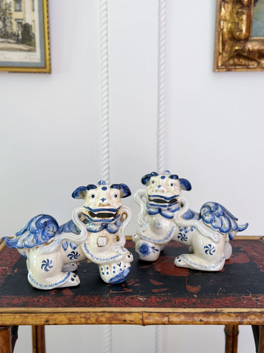 Set of Hand Painted Blue & White Foo Dogs