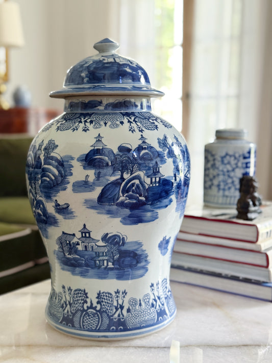 Blue & White Willow Ware Style Porcelain Temple Jar