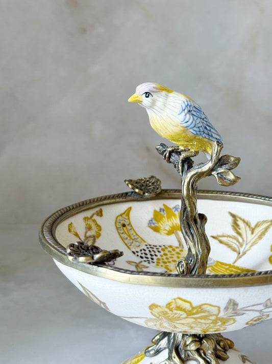 Hand Painted Small Dish with Bird Detail and Bronze Ormolu