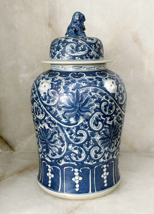 Large Blue & White Chinoiserie Scrolling Lotus Temple Jar