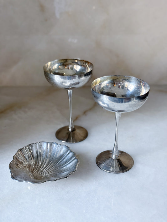 Set of Vintage Silver Champagne Coupes With vintage silver shell dish