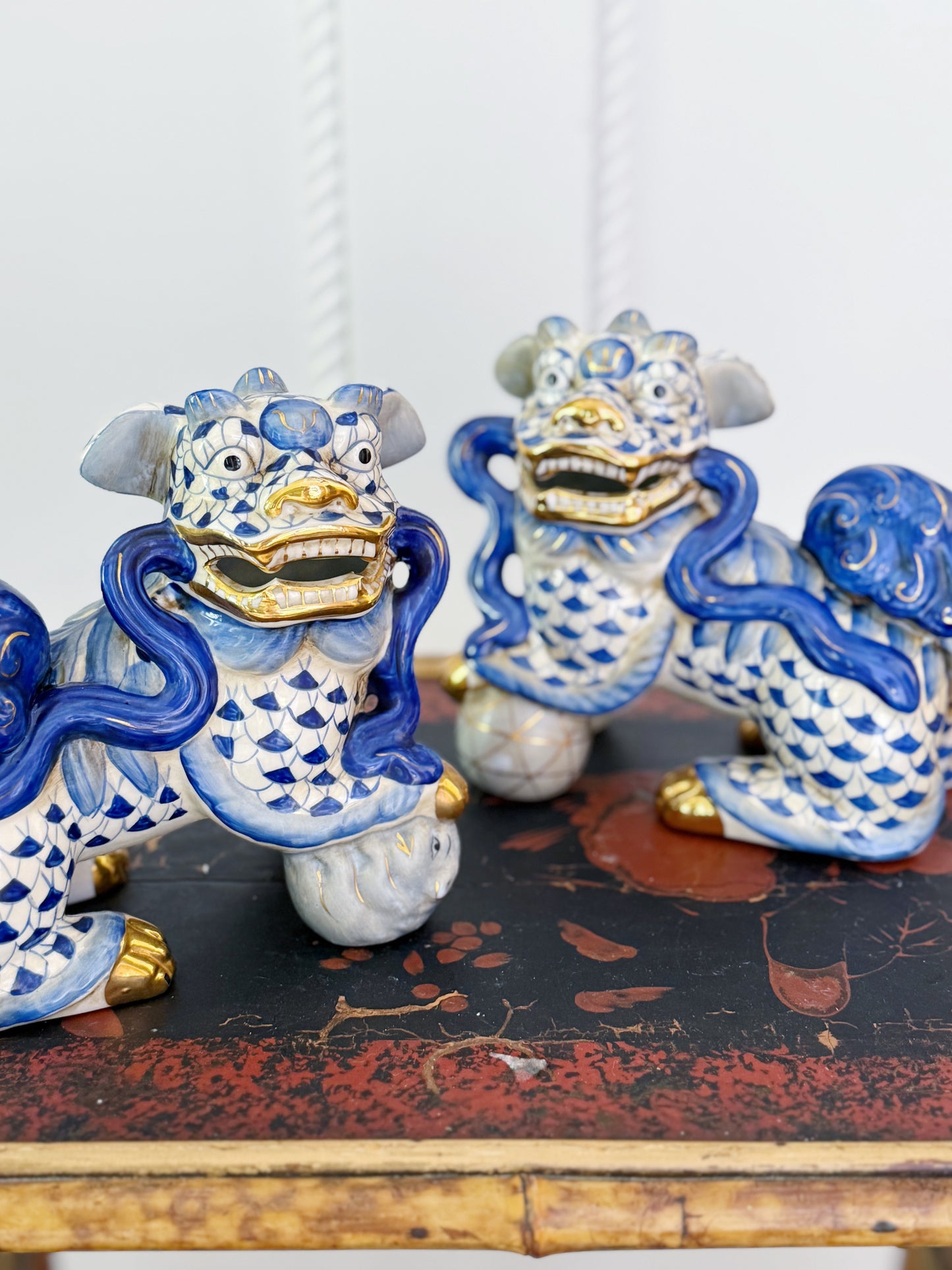 Hand Painted Blue Foo Dogs with 24k Accents