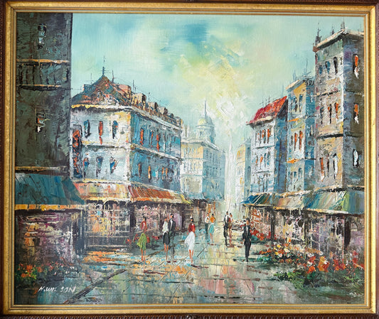 Vintage Framed European Street Scene Oil Painting