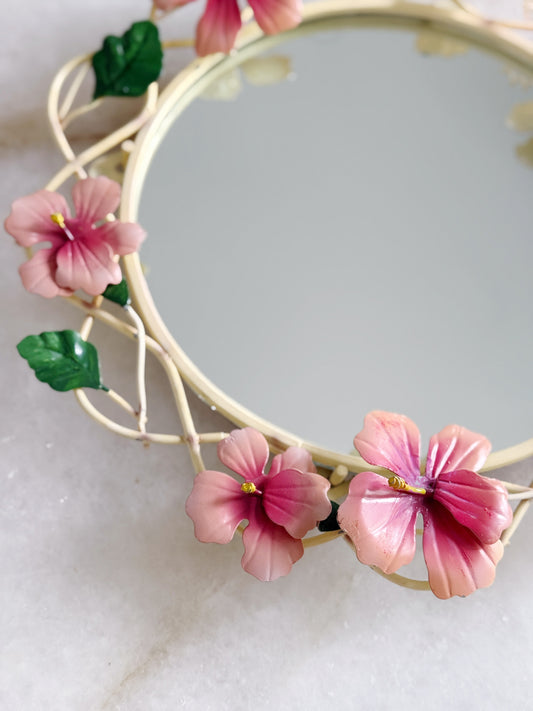 Vintage pink and green floral tole mirror
