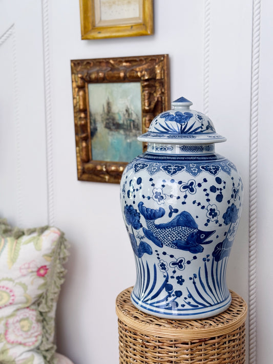 Large Blue & White River Fish and Floral Temple Jar