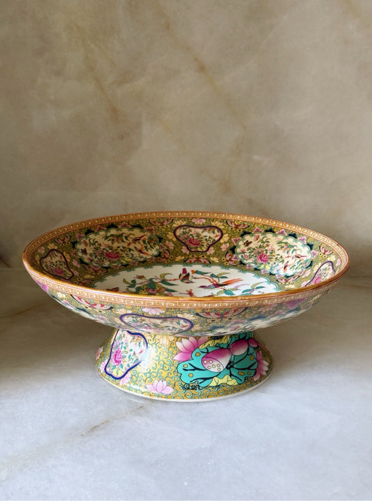 Rose medallion porcelain pedestal bowl, angled view
