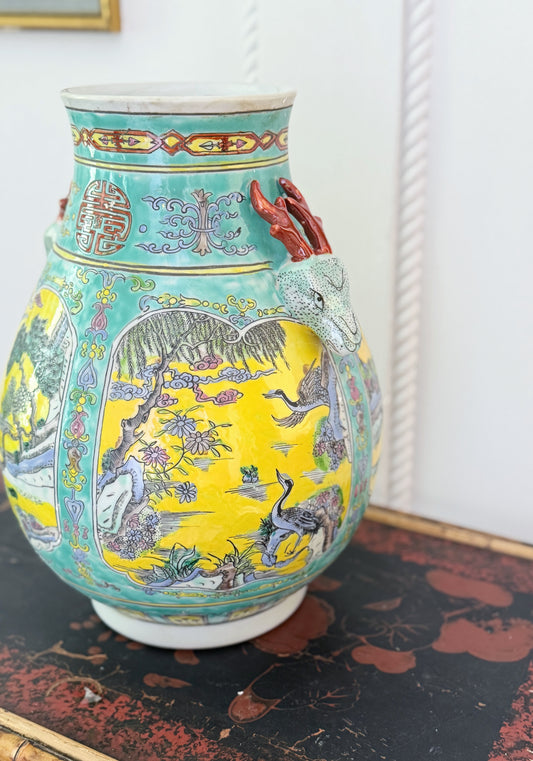 Hand Painted Crane and Tiger Porcelain Vase