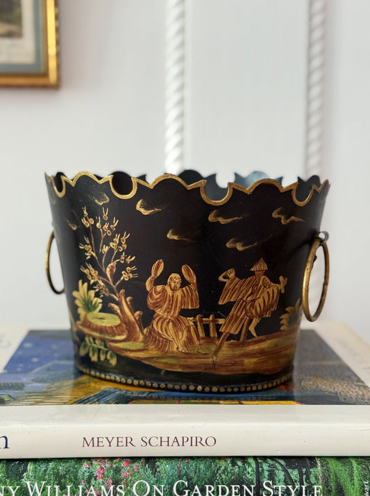 Vintage Hand-Painted Tole Planter Cachepot with Chinoiserie Scene & Scalloped Rim