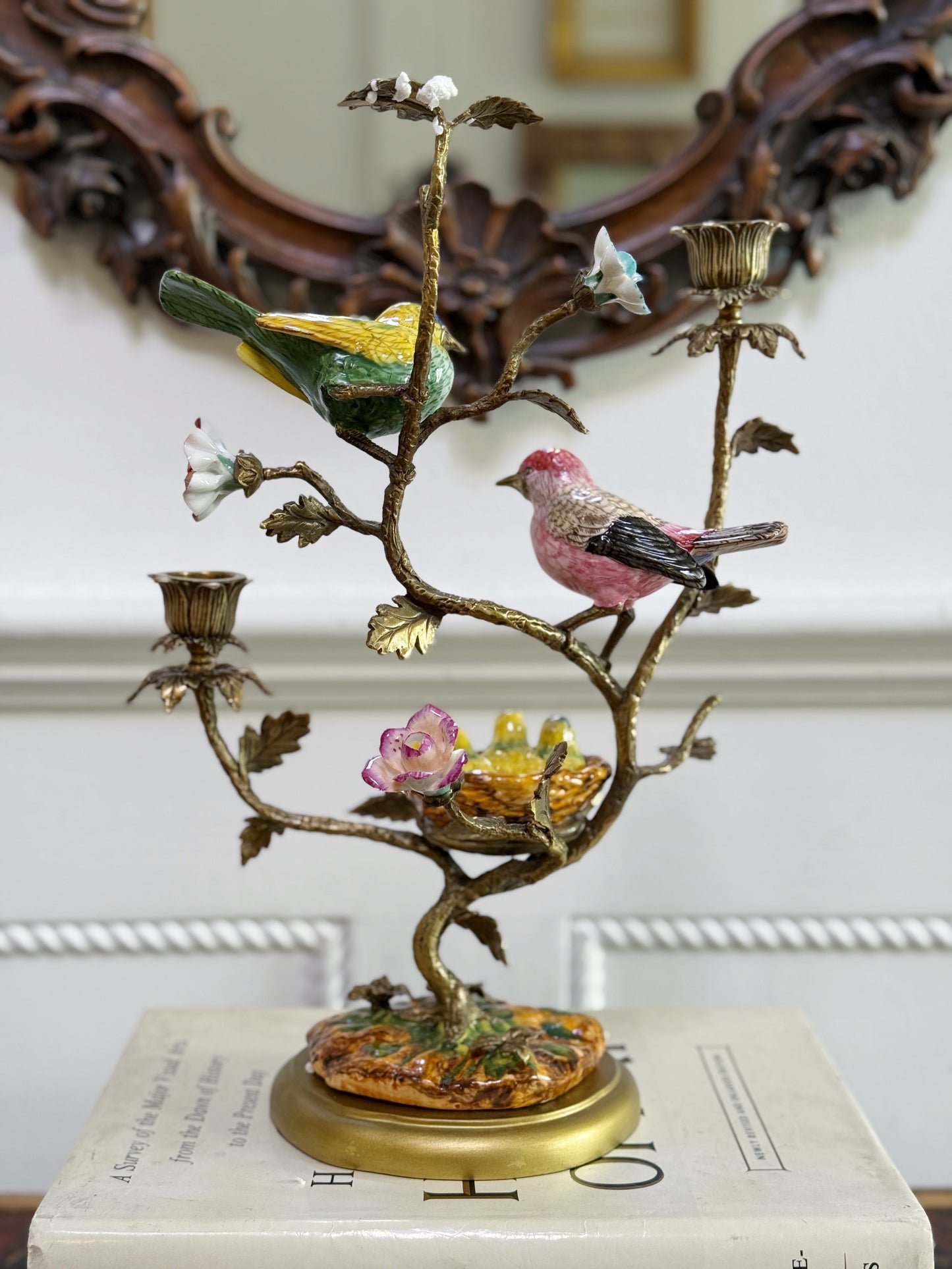 Hand Painted Bird Nest Candle Holder with Bronze Ormolu