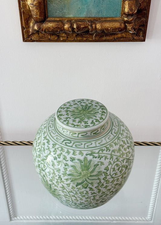 Green & White Scrolling Lotus Ginger Jar