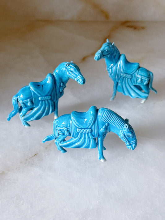 Vintage Turquoise Ceramic Tang Horse Figurines – Set of 3