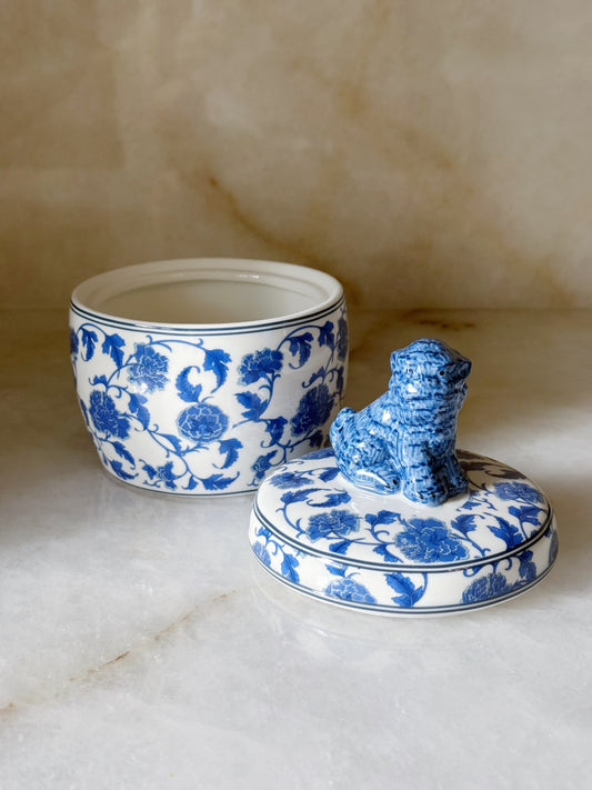Blue & White Foo Dog Lidded Porcelain Box