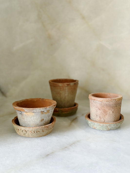 Trio of Earth Fired Clay Pots & Saucer Set