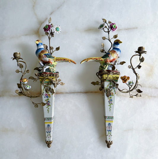 Hand Painted Porcelain Bird & Floral Sconce Set with Bronze Ormolu Detailing