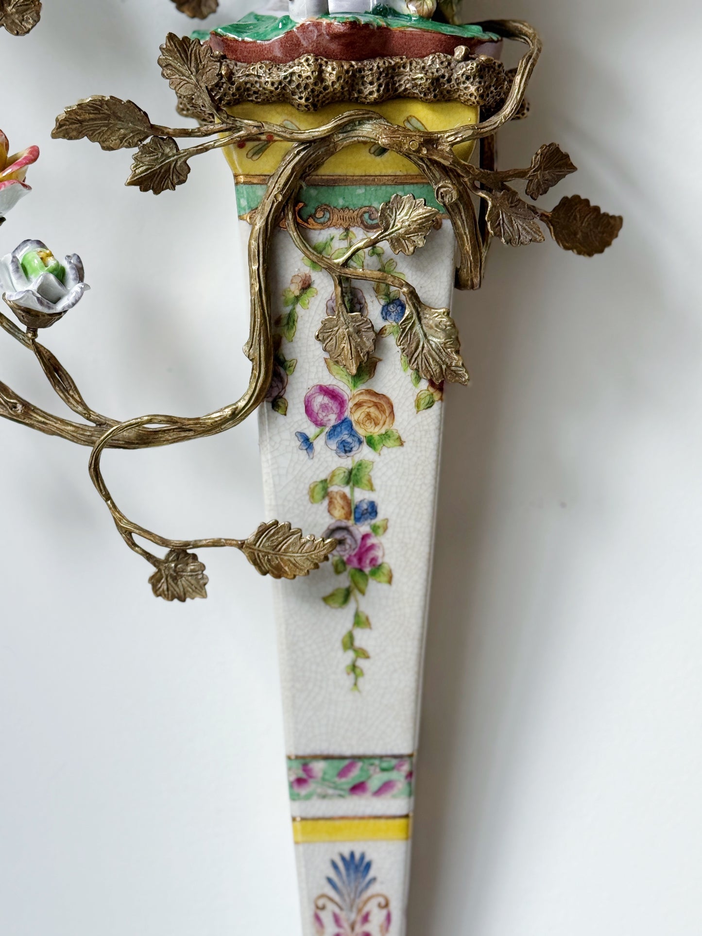 Hand Painted Porcelain Bird & Floral Sconce Set with Bronze Ormolu Detailing